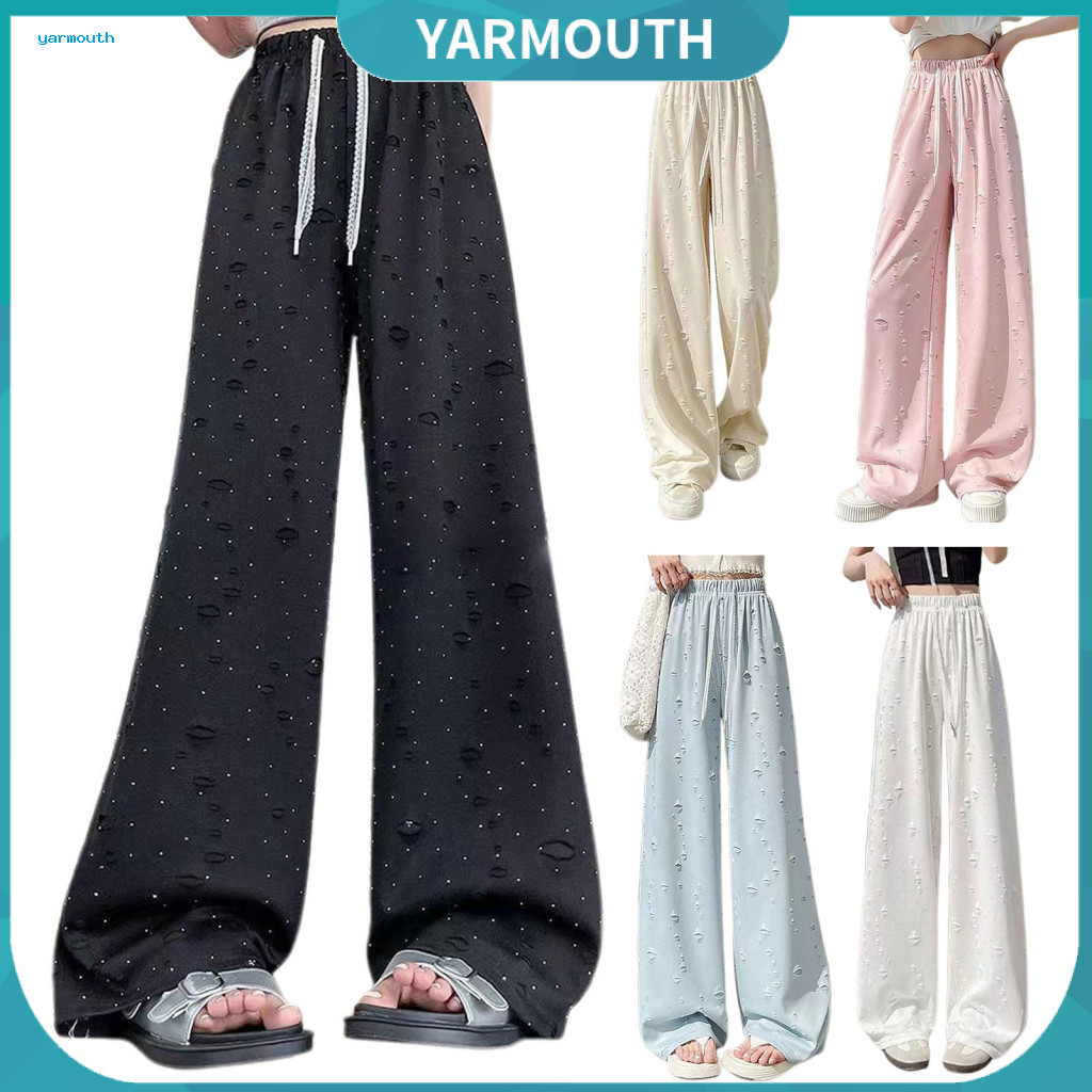 Women Wide Leg Pants Comfortable Loose Fit Women’s High Waist Elastic with Adjustable Drawstring Trousers Distressed H