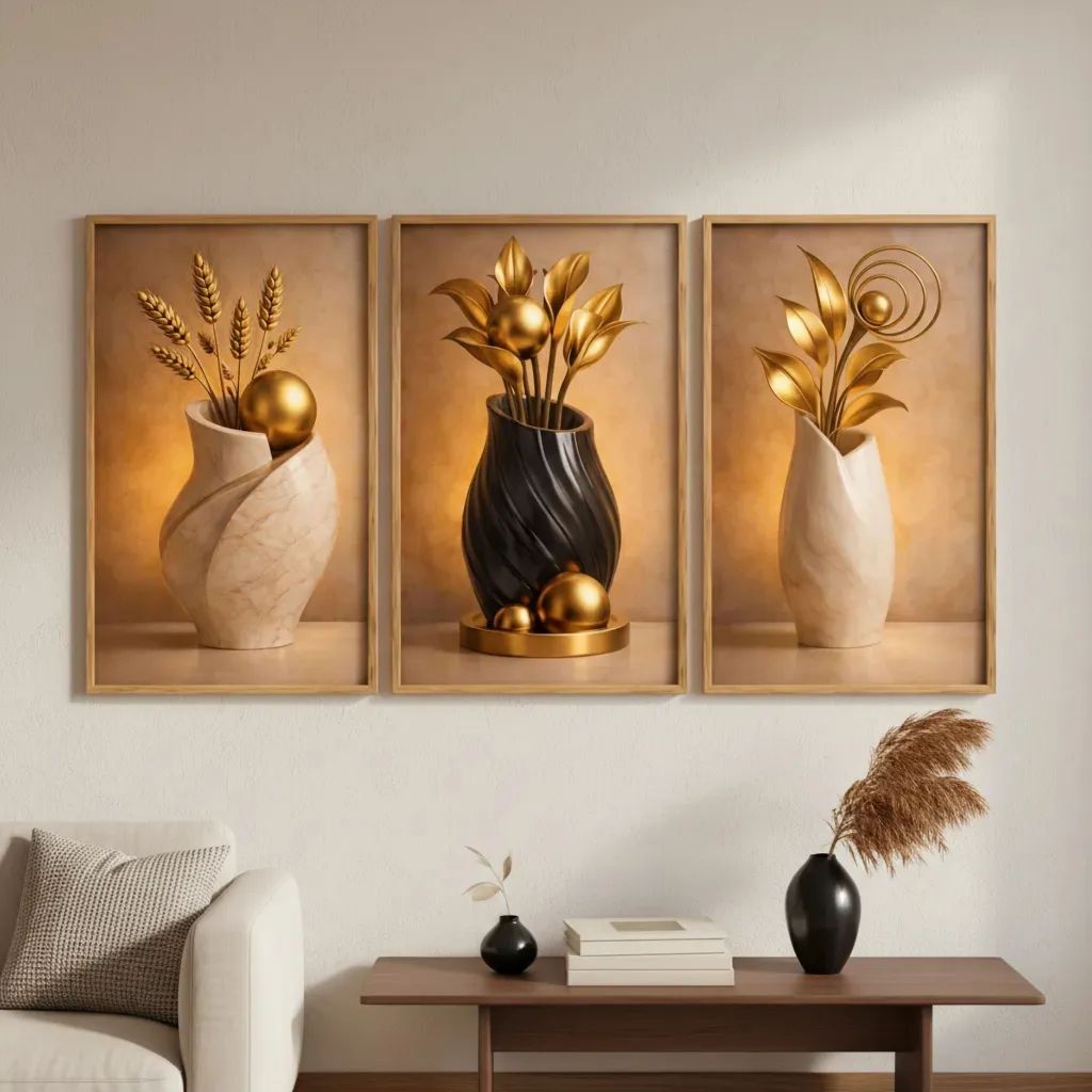 Quadros Decorativos 3 Peças Árvore De Oliveira Vaso Vintage FOLHAS TRIGO DOURADO NORDIC SALA HALL ESCRITORIO