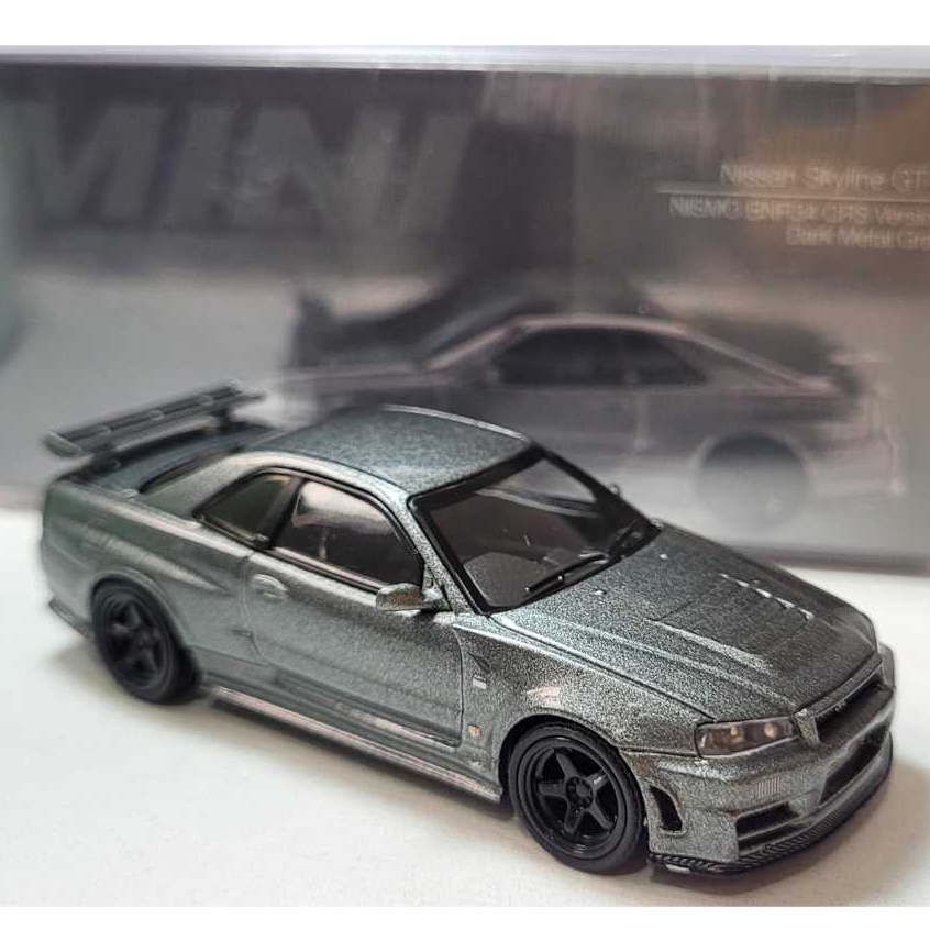 Miniatura Nissan Skyline GT-R R34 Nismo Z-Tune Dark Metal Grey Cinza Mini GT 1:64 Colecionável