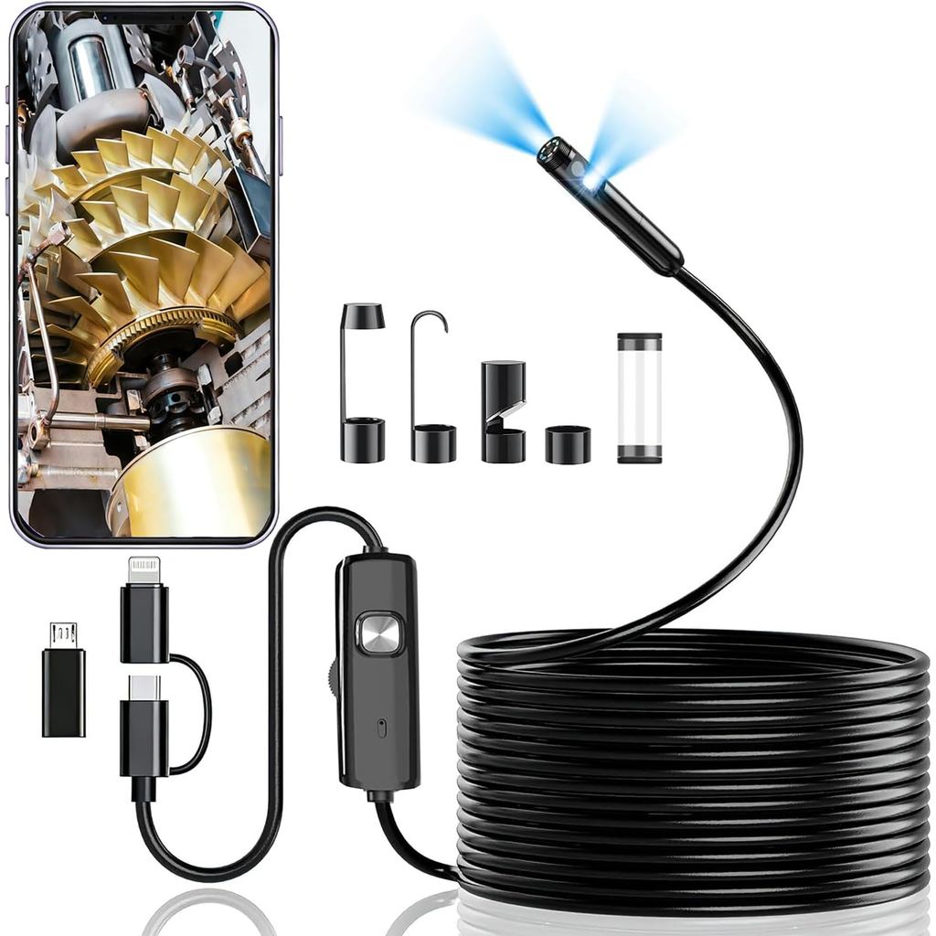 Câmera Endoscópica de Lente Dupla com Luz, Borescope HD 1920P com 8 LEDs Ajustáveis, Cabo Semi-Rígido de 5 Metros, Ferra