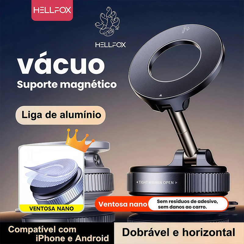Suporte Magnético 360° Hellfox Nova Versão | Adsorção Nano Cola Premium | Fixação Forte Liga de Alumínio para Celular