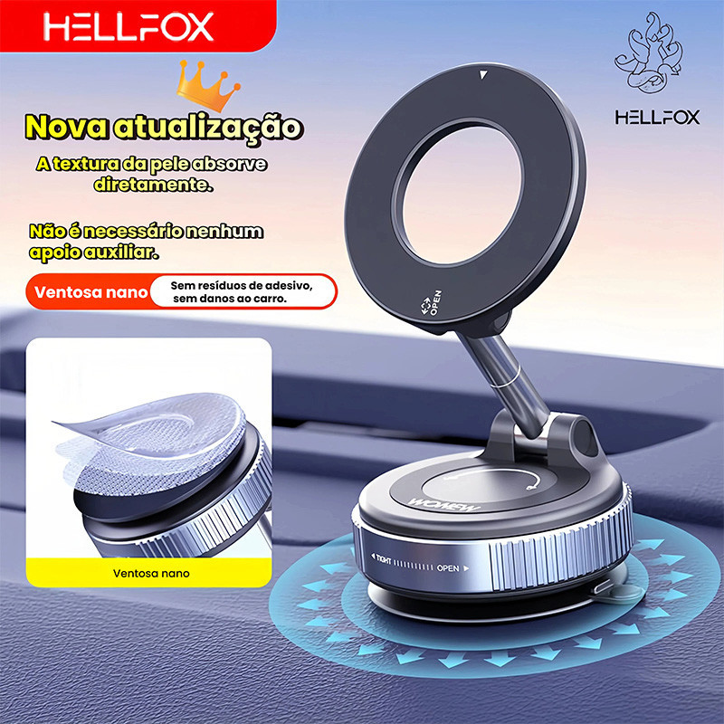 Suporte Magnético 360° Hellfox Nova Versão | Adsorção Nano Cola Premium | Fixação Forte Liga de Alumínio para Celular