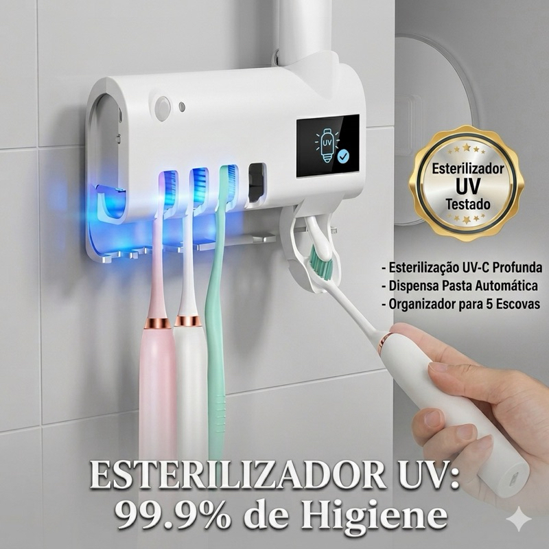 Wall-Mounted Electric Toothbrush Com Esterilização UV Stand with Toothpaste Dispenser, No-Drill Inst