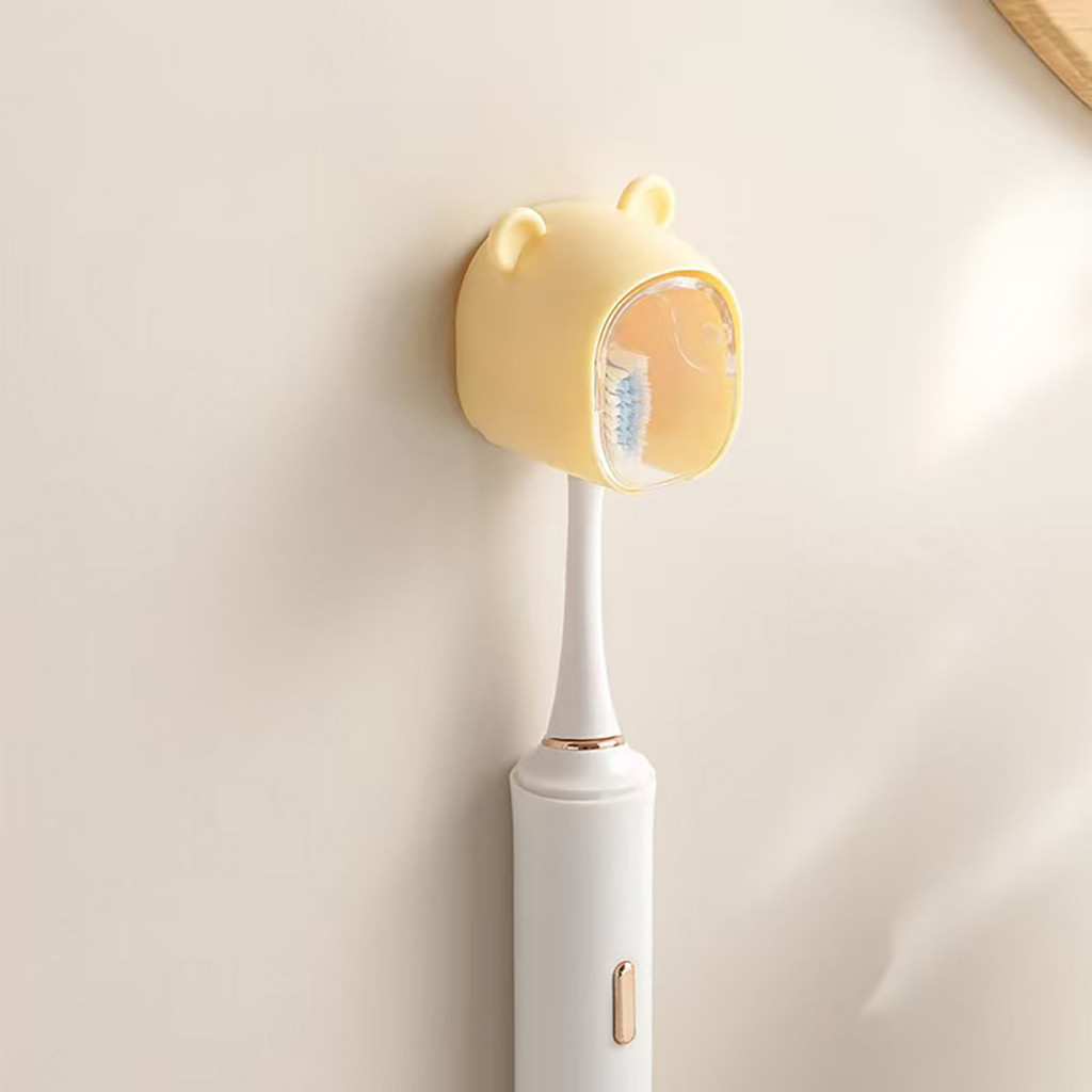 Cute Bear Wall-mounted Toothbrush Holder with Dustproof Flip Cover Drill-free Bathroom Organizer for Electric Toothbrush