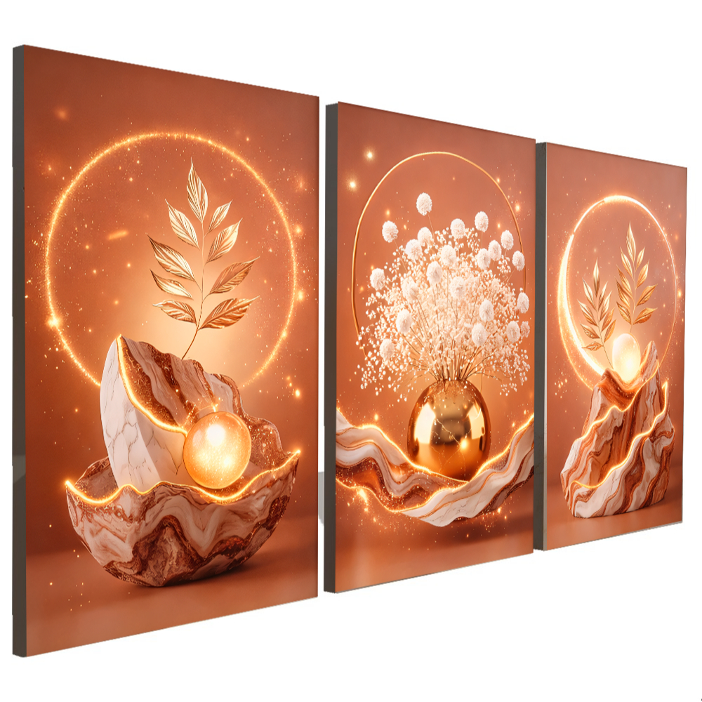 Quadros Decorativos 3 Peças Jarro Montanha Cristal Folhas Douradas Luz Neon Circular Casa Sala Quarto Decoração Hall