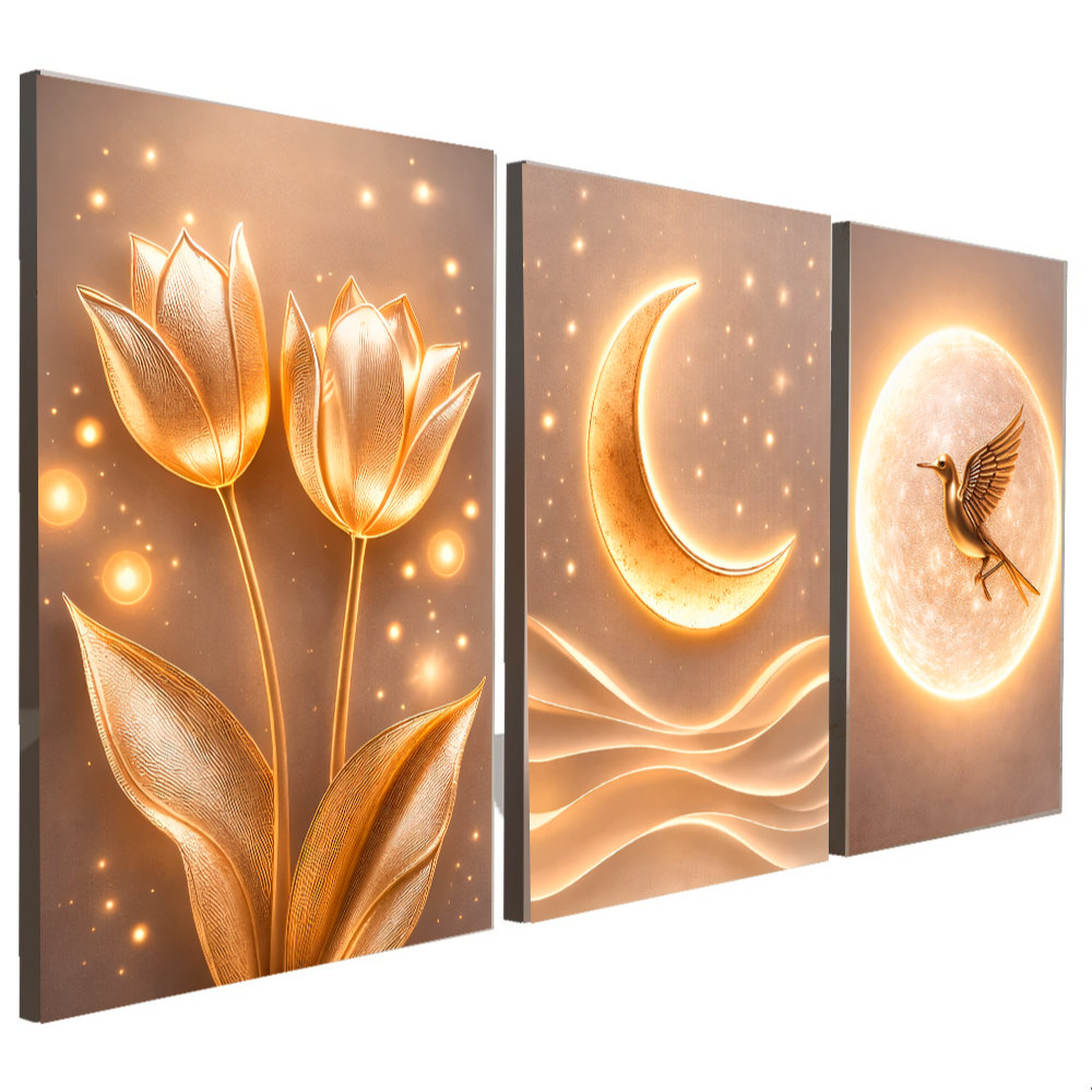 Quadros Decorativos 3 Peças Flores Tulipas Lua Beija Flor Ondas Luz Neon Cristal Casa Sala Quarto Decoração Hall