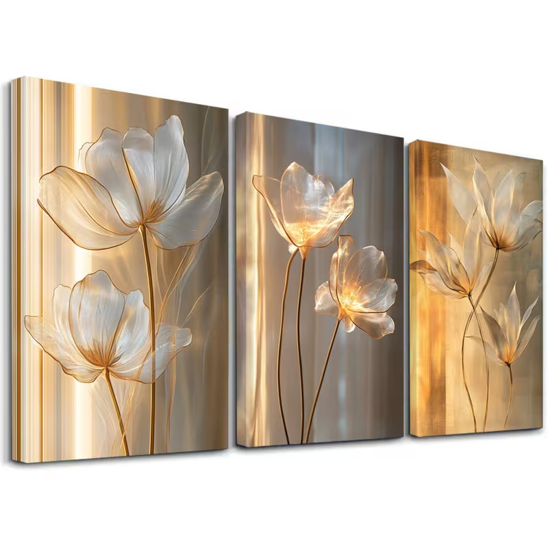 Quadro Decorativo Tríptico Flores de Cristal Luz e Brilho