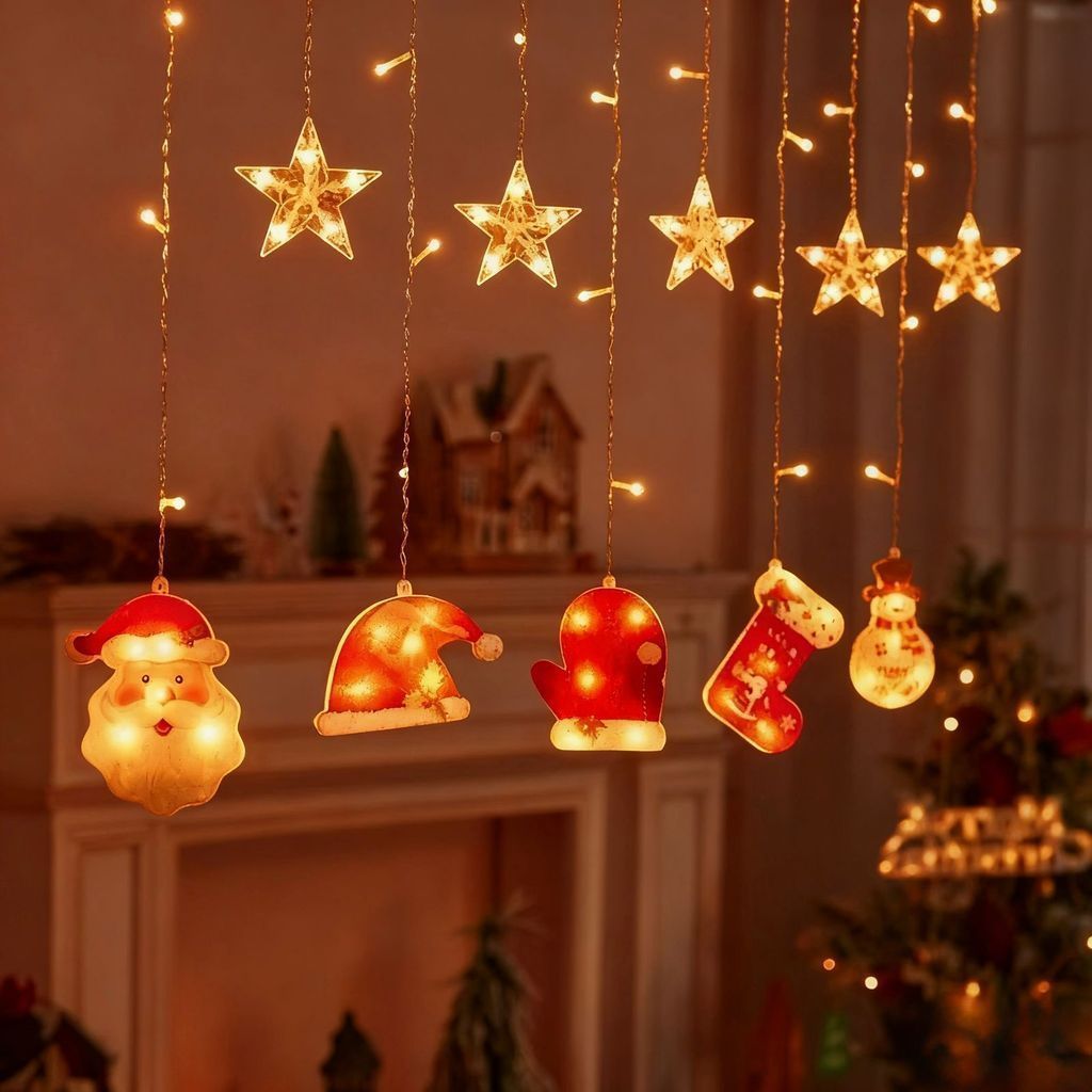 Luzes de Natal LED Cristal Estrela, Árvore, PapaiNoel e Boneco de Neve Pingente Decorativo Seguro Vários Modos de Piscar