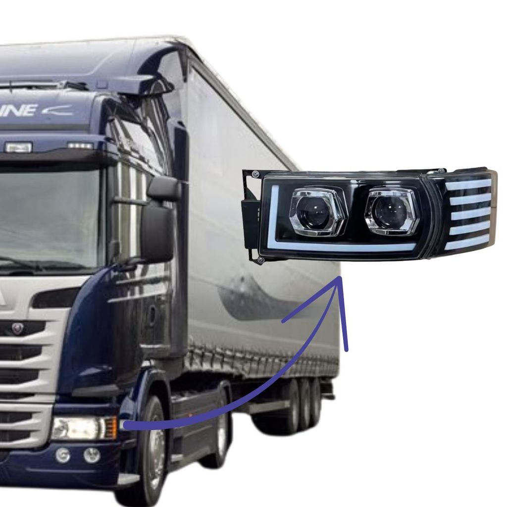 FAROL PRINCIPAL PARA SCANIA SÉRIE 4/5 PGR FULL LED C/ PISCA SEQUENCIAL DRL DUPLO PROJETOR - ESQUERDO