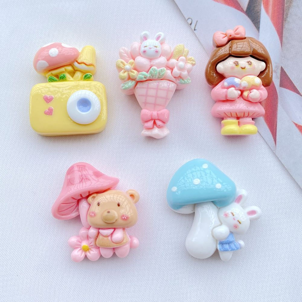 Marca Nova 10 Peças / Batch Cartoon Cute Mushroom Rabbit, Menina, Urso Pequeno, Série Bouquet Resina Artesanato Flat Bac