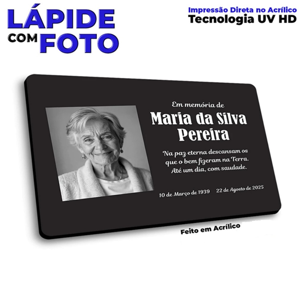 Placa Lápide Túmulo Personalizada Modern com Foto Full HD em Acrílico