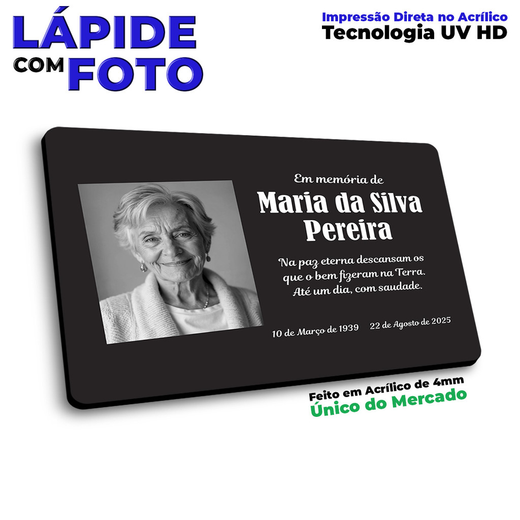 Lápide Acrílica Antifurto Personalizada Modelo Modern | Foto Full HD | 2mm