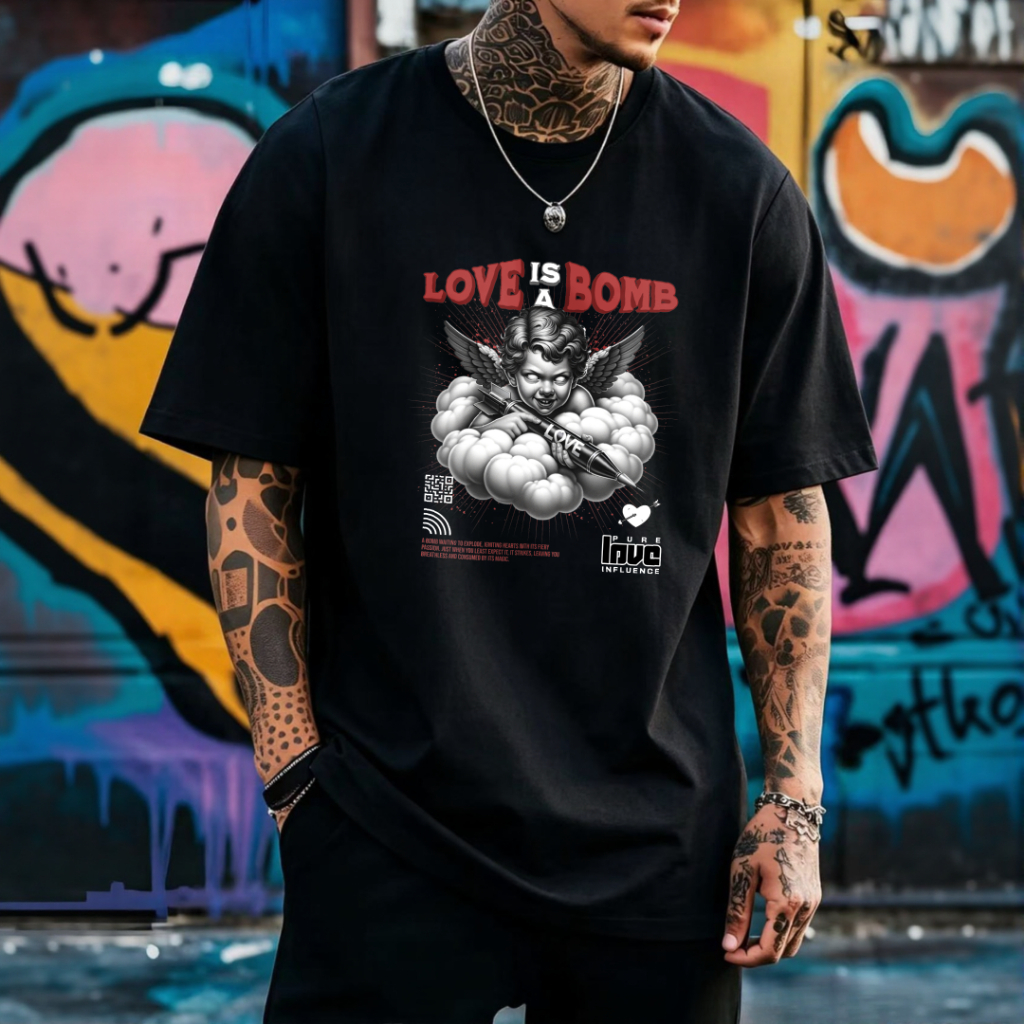 Black-and-white men's short-sleeve T-shirt featuring the “Angel Love Is a Bomb” design—100% cotton—perfect for casual su