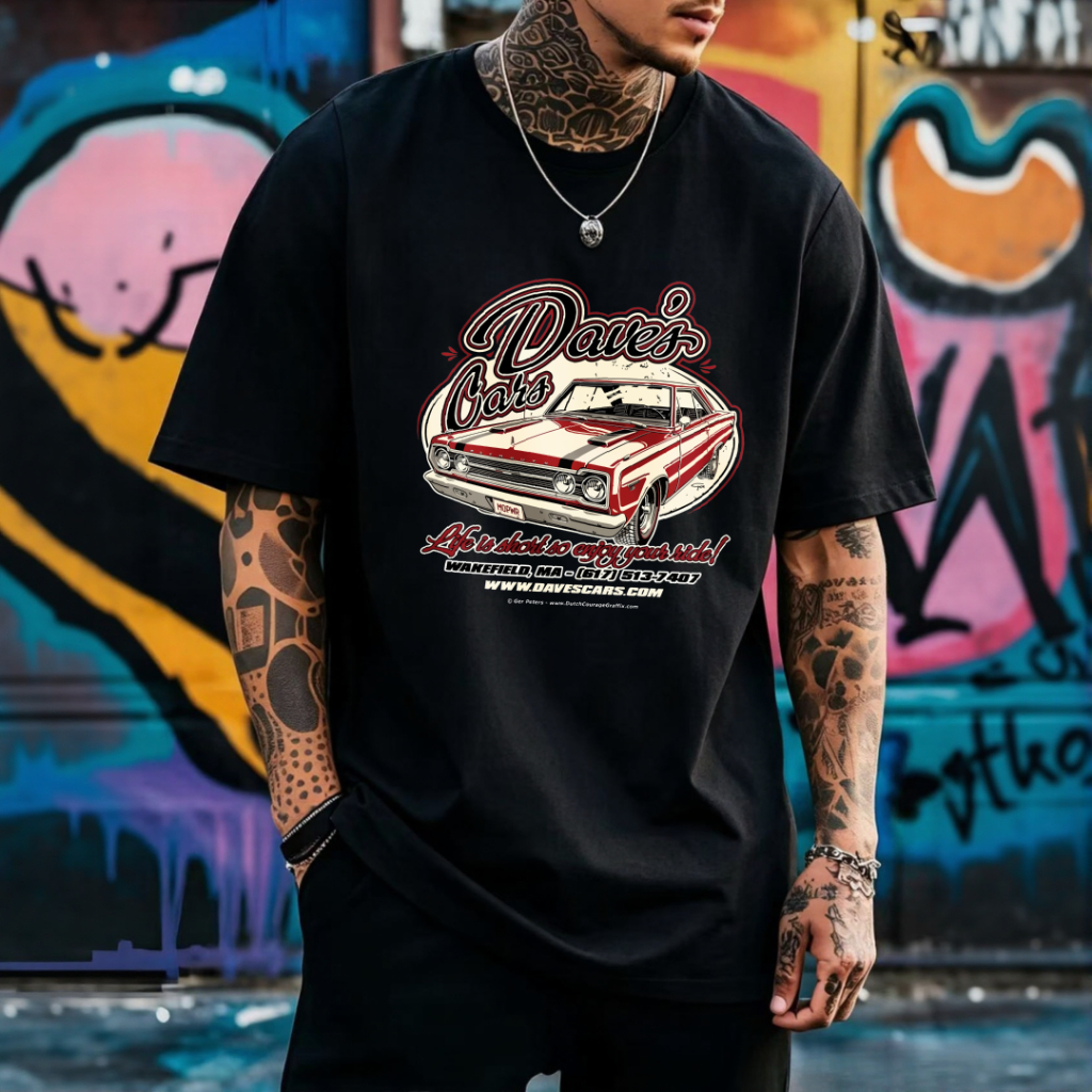 Black-and-white men's short-sleeve T-shirt featuring a “Enjoy Driving” automotive-themed print—100% cotton—perfect for c