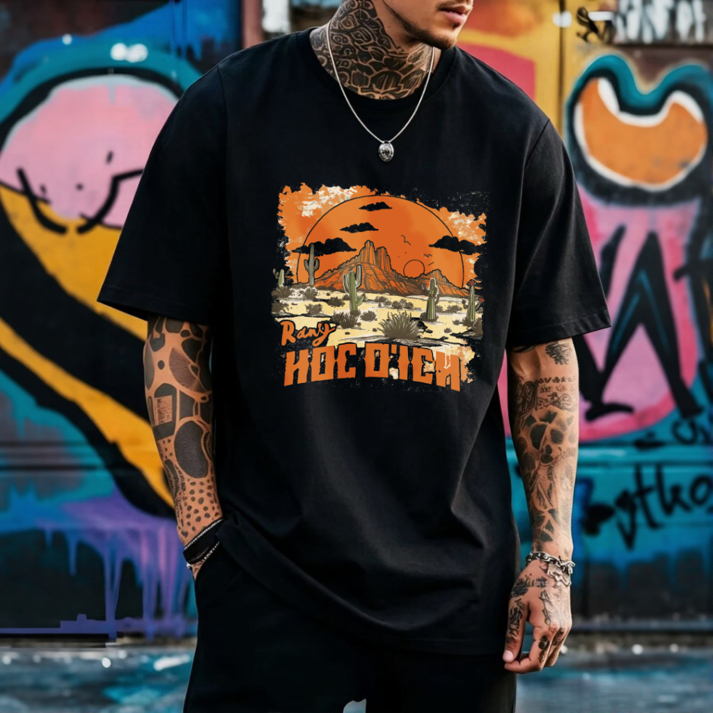 Black-and-white men's short-sleeve T-shirt featuring a desert landscape with cactus print—100% cotton—perfect for casual