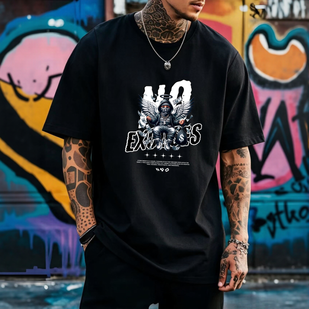Black-and-white men's short-sleeve T-shirt featuring a trendy street-culture design of an angel and money—100% cotton—pe