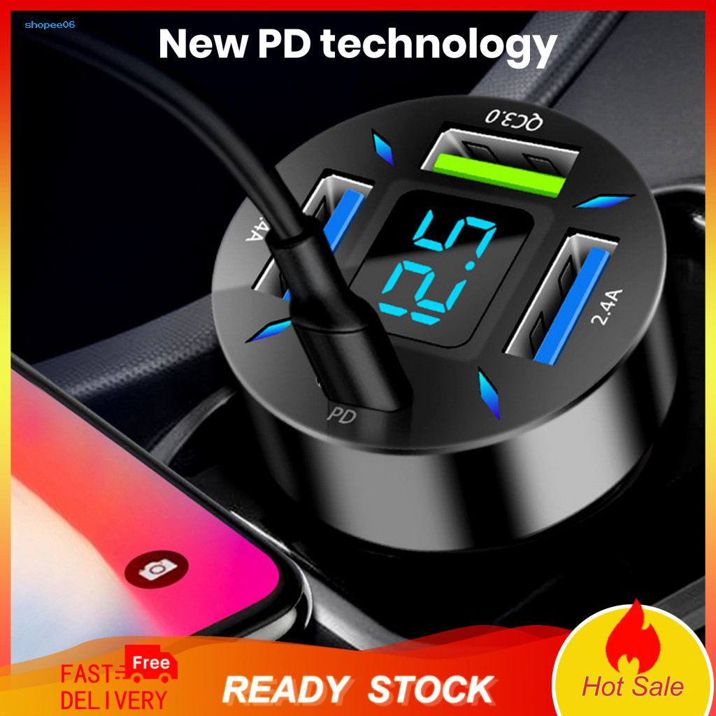 Car Charger with Qc3.0 12v-24vdc Input 66w Fast 4 Usb Ports Led Display Real-time Battery Monitor Pd 2.4a for Phone for