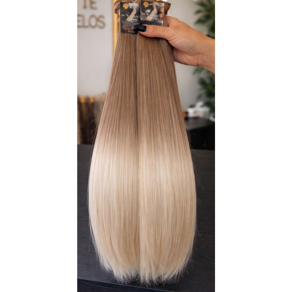 Cabelo Semi Humano Natural Liso Perolado Luzes na Tela 60cm Mega Hair Premium