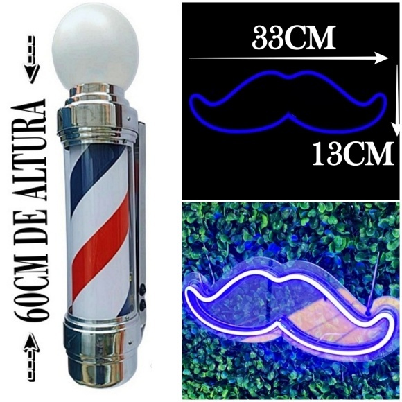 BARBER POLE GIRATÓRIO 60CM + BIGODE DE ACRÍLICO E LED