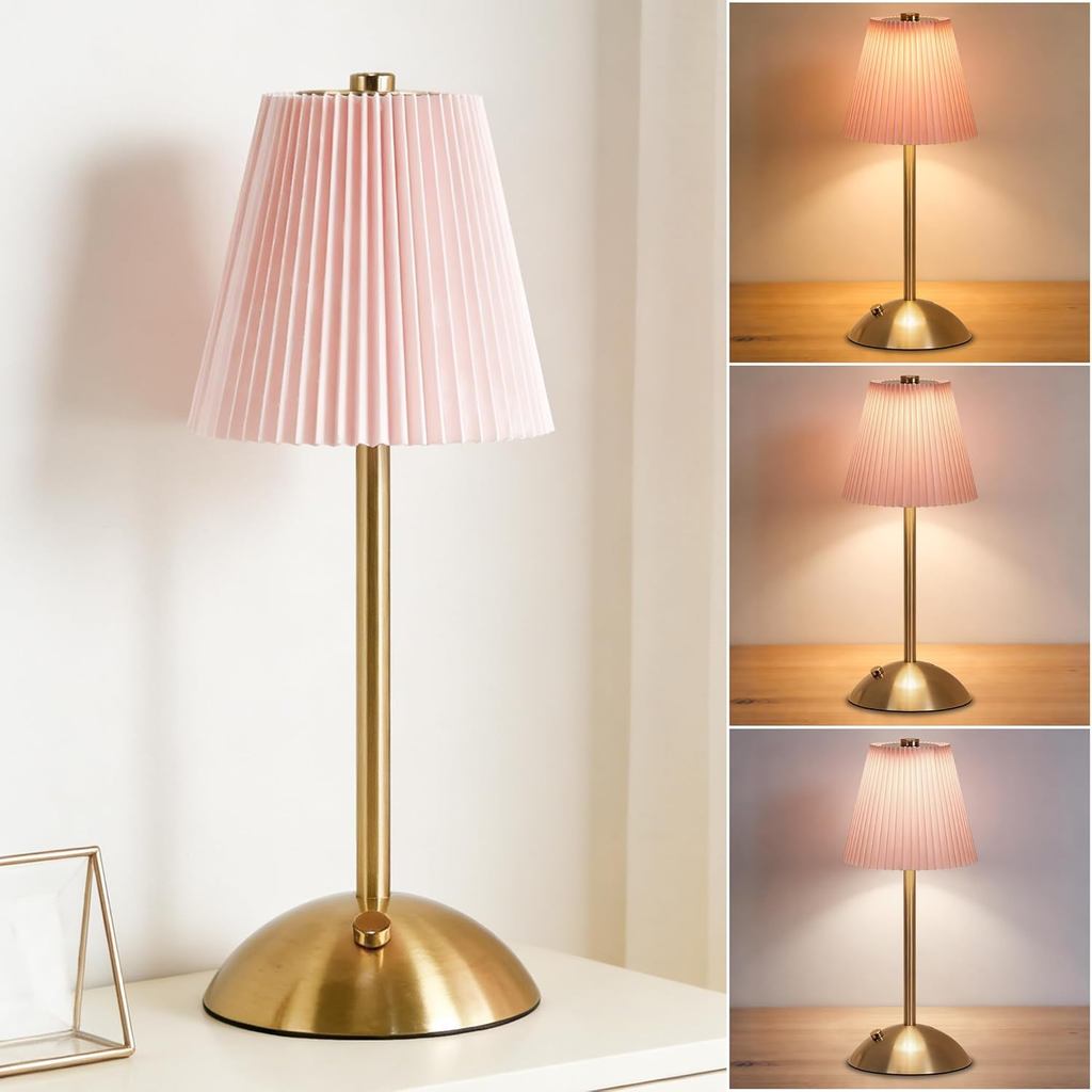 Cordless Table Lamp,Touch Led Reading Light,Small Desk Lamp with 3 Colors,Portable Battery Operated Light with Fabric Sh