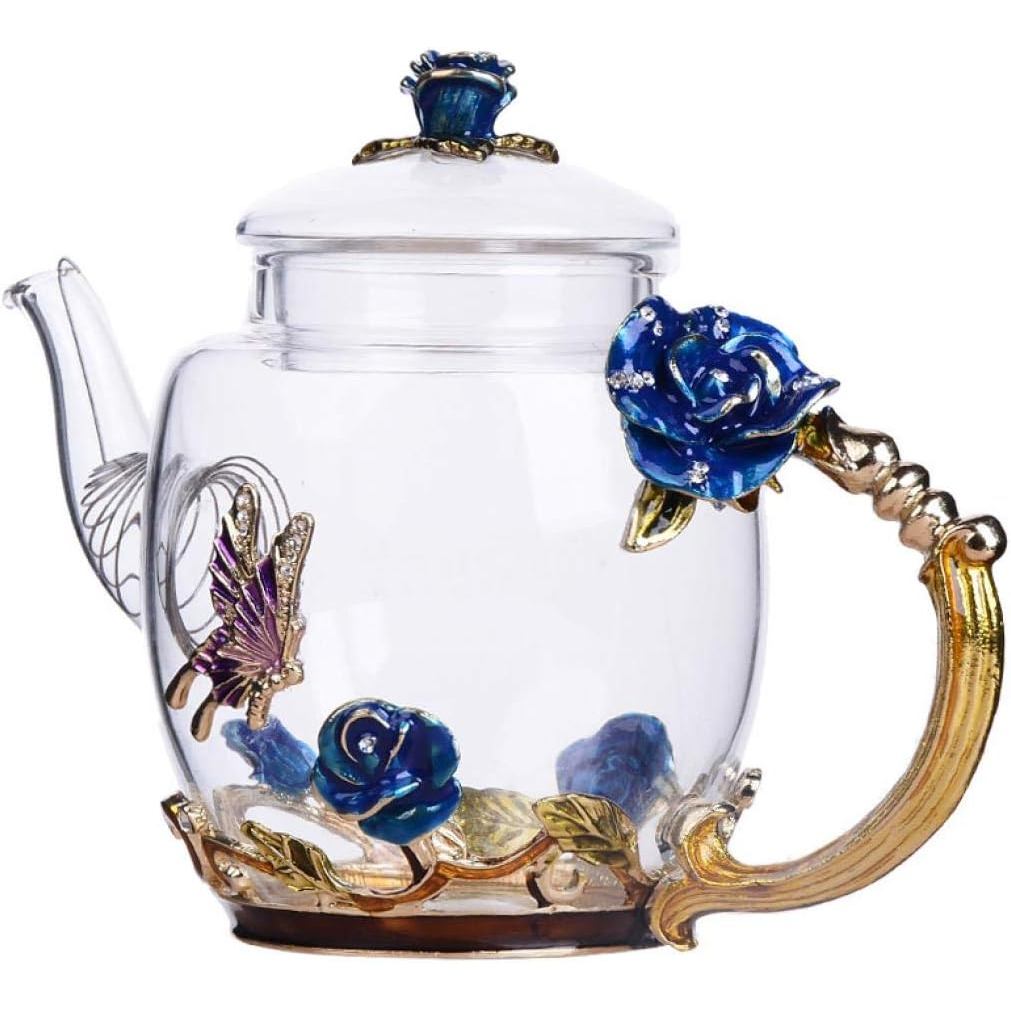 Floral Glass Teapot with France Enamel Flower Butterfly Decoration Safe Durable Floral Vintage Teapot（10.6oz / 300ml） (B