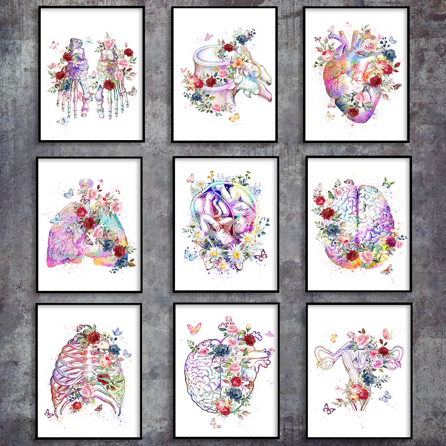 Quadro decorativo anatomia flor pé osso cérebro coração esqueleto órgão completo broca ponto cruz mosaico presente médico Clinica medica