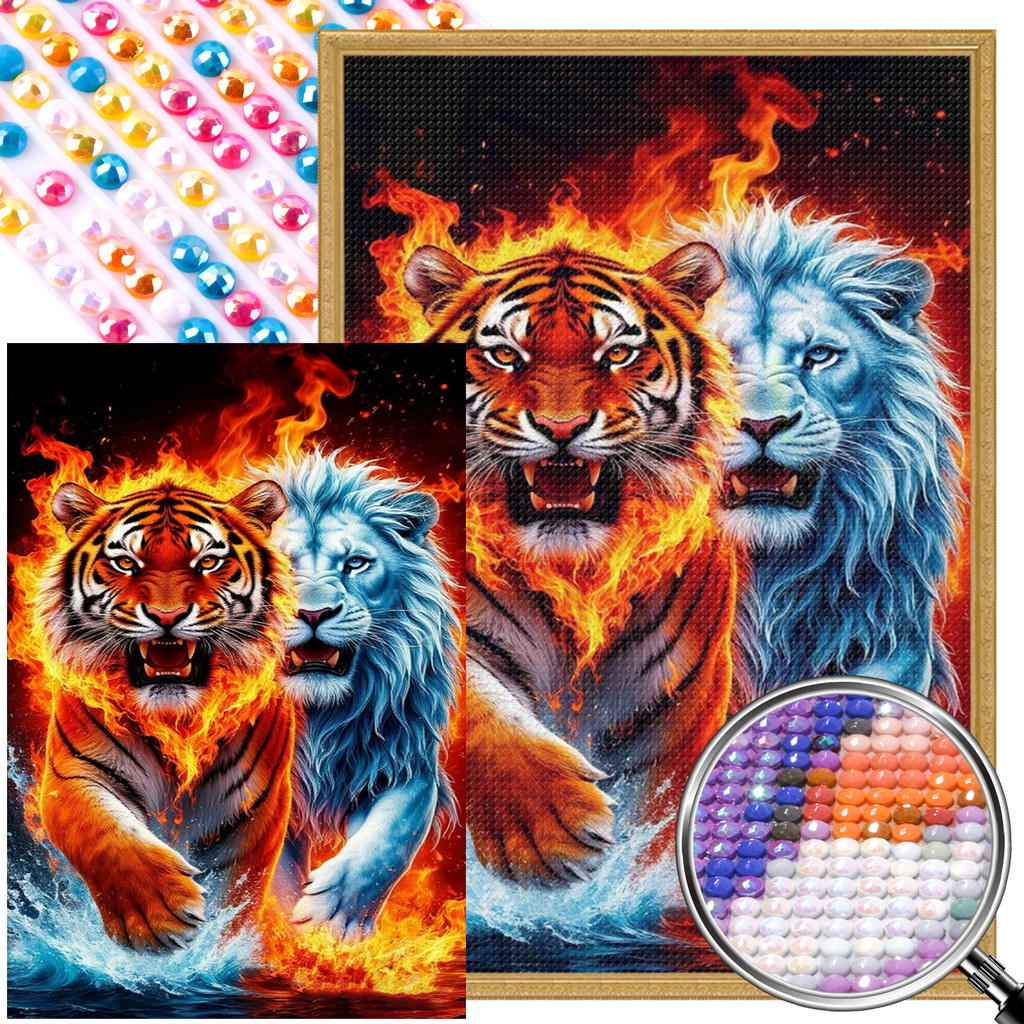 Lions And Tigers Parcial AB Full Drill Diamond Art Painting Kits 55x85cm [covdes.br]