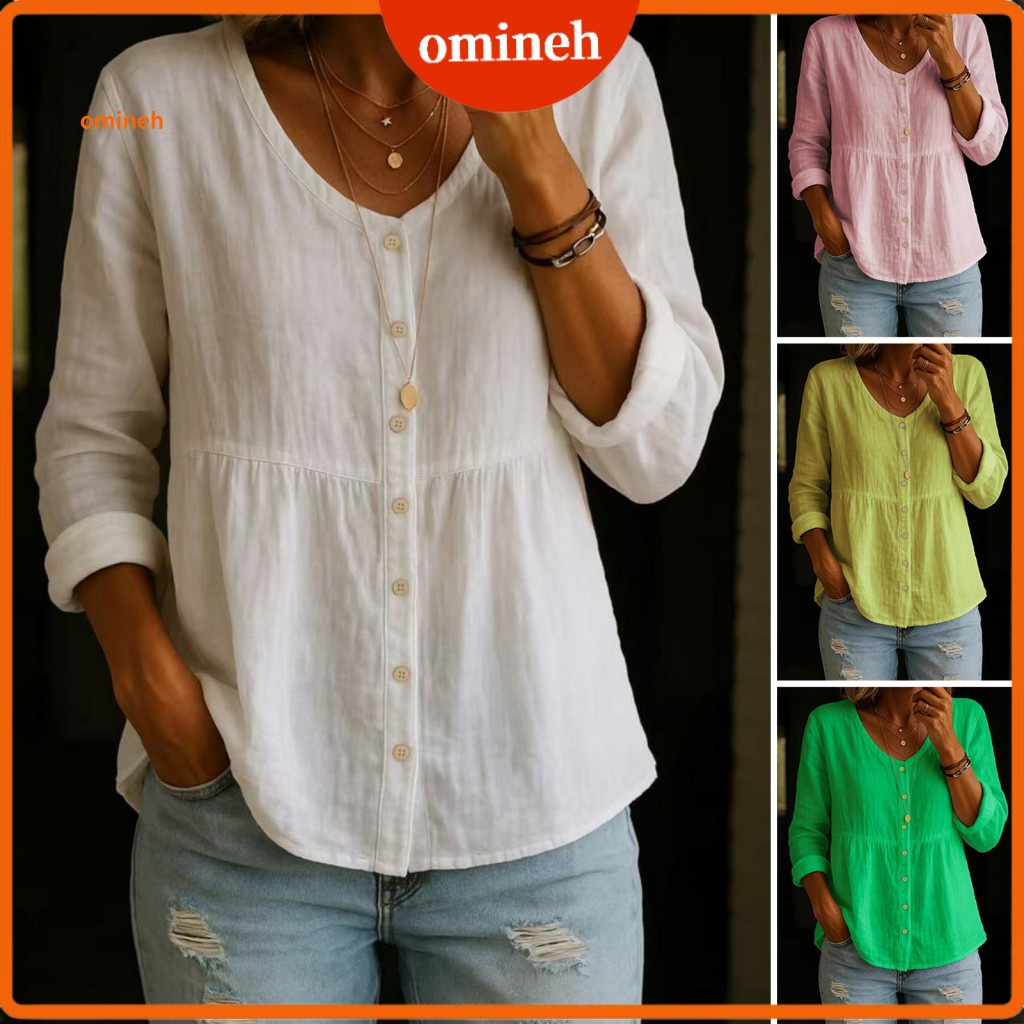 Drop Shoulder Linen Shirt A-line Silhouette Blouse Women’s V-neck Long Sleeve with Buttons Short Front Back Hem – St