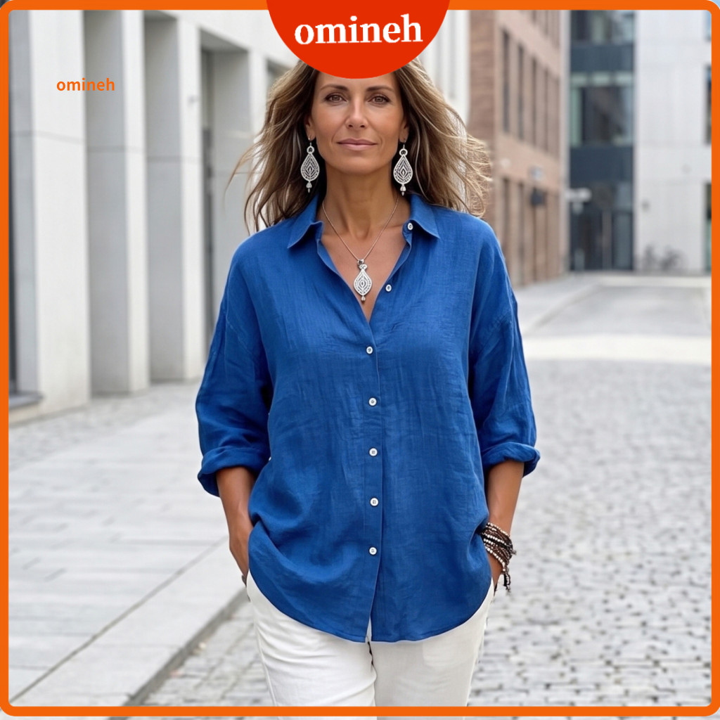 Loose Fit Button Down Shirts Boyfriend Style Women’s Long Sleeve Front Shirt Solid Color Drop Shoulder Blouse with Tur