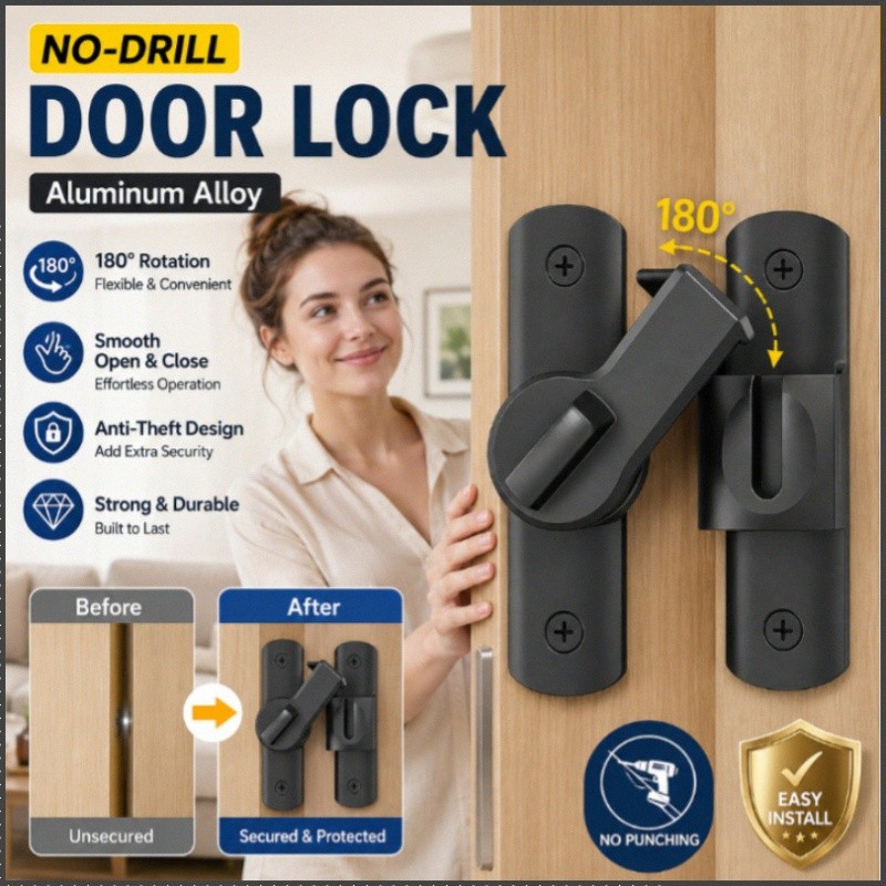[Durable Aluminum] Door Lock Latch/No Drilling Required/Strong Locking/Secure and Easy to Install