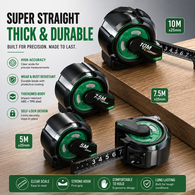 Self-Locking Steel Tape Measure with Rubber Coating, Heavy Duty Thickened Blade Wear-Resistant for