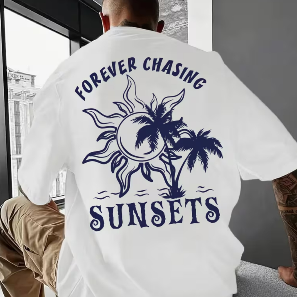 Camiseta Masculina Forever Chasing Sunsets Estilo Praia Moda Verão Conforto Premium