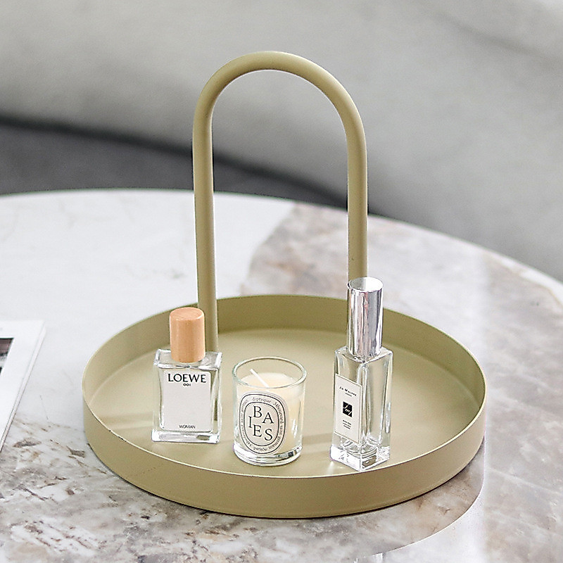 Modern minimalist round tray with handle, decorative ornament for hotel, bedroom, dressing room, bathroom, aromatherapy
