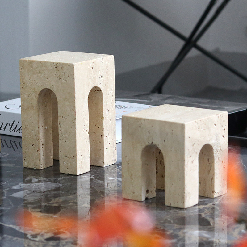 Wabi-sabi style faux travertine ornaments for study rooms, model rooms, hotels, abstract designer geometric arch tableto