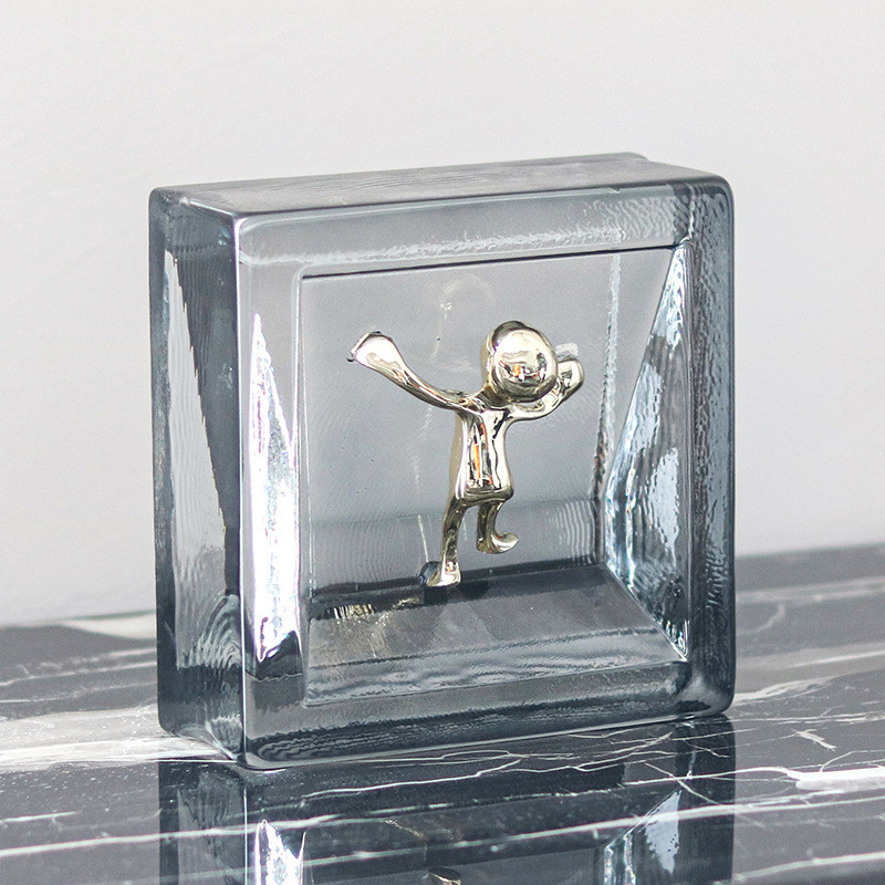 Luxury Creative Metal Figure Ornament for Model Rooms, Hotels, Study Rooms, Desktop Square Transparent Crystal Decorativ