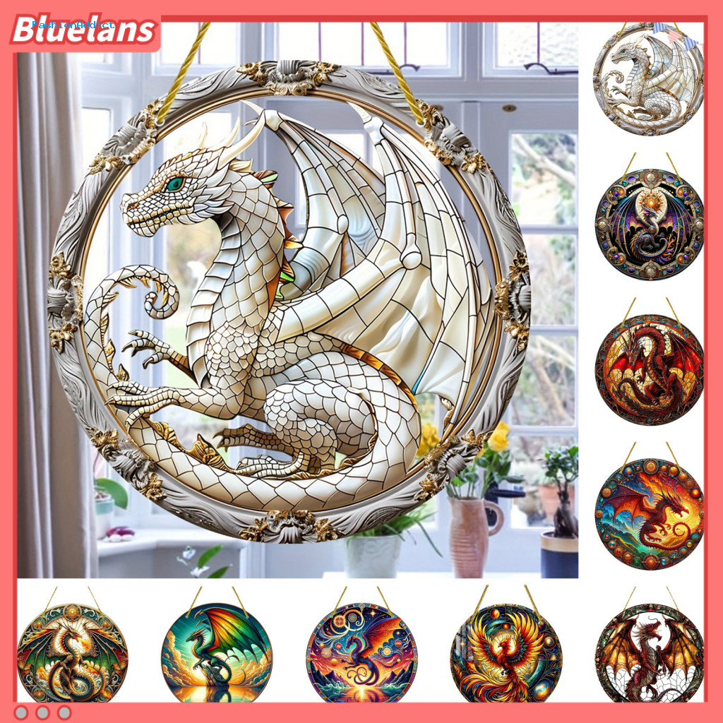 Window Hanging Sun Catcher Stained Glass Ornament Dragon Print Pendant with Lanyard – Realistic Round for Home Office