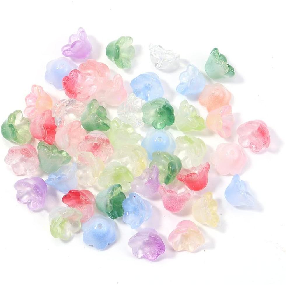 Flower Beads, KLFHS 100PCS Bulk Bell Flowers Glass Beads, Mixed Color Crystal Floral Spacer Beads for DIY Jewelry Making