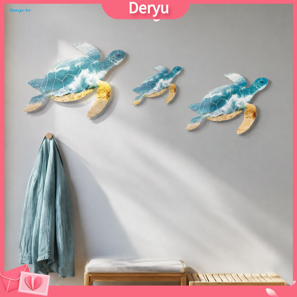 Coastal Wall Decor Beach Style Hanging 3pcs Wooden Turtle Art Set Ocean Theme Decorations for Bathroom Room Bedroom Trac