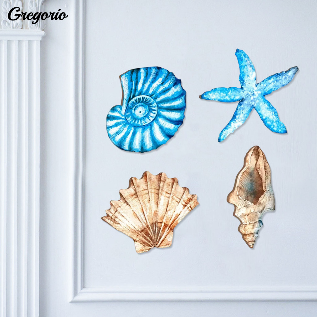 Nautical Hanging Ornaments 4pcs Coastal Wall Decor Set – Wooden Starfish Seashell Conch Art for Beach House Bathroom L