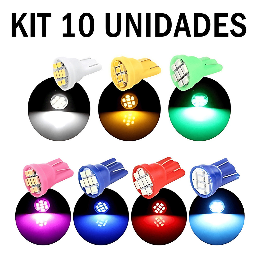 Kit 10 Lâmpadas Painel Carro Moto 8 Leds T10 Pingo Azul