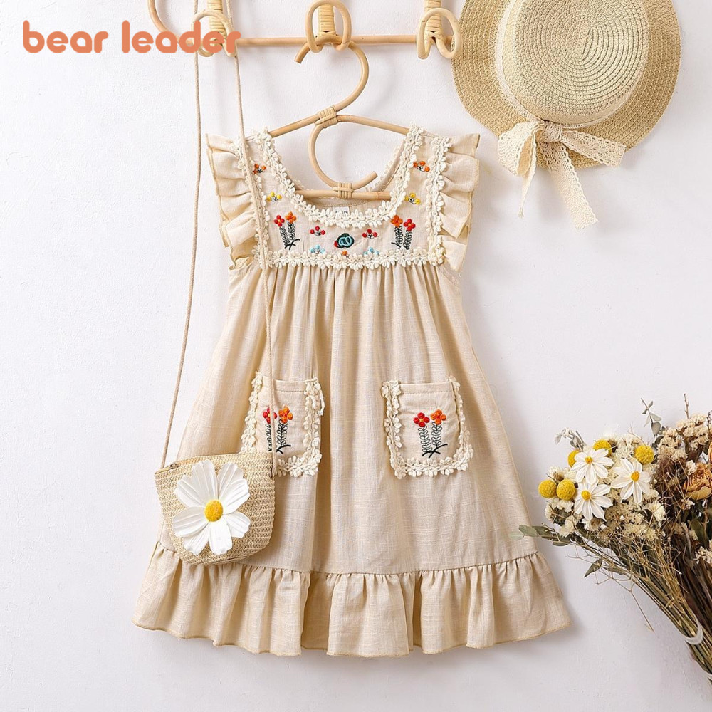 Líderes De Ursos Meninas Vestidos Bordados Com Flores De Renda 3 4 5 6 7 Anos Manga Voadora Pocket Cotton Casual Kids Clothes Retro Seaside Holiday Wear