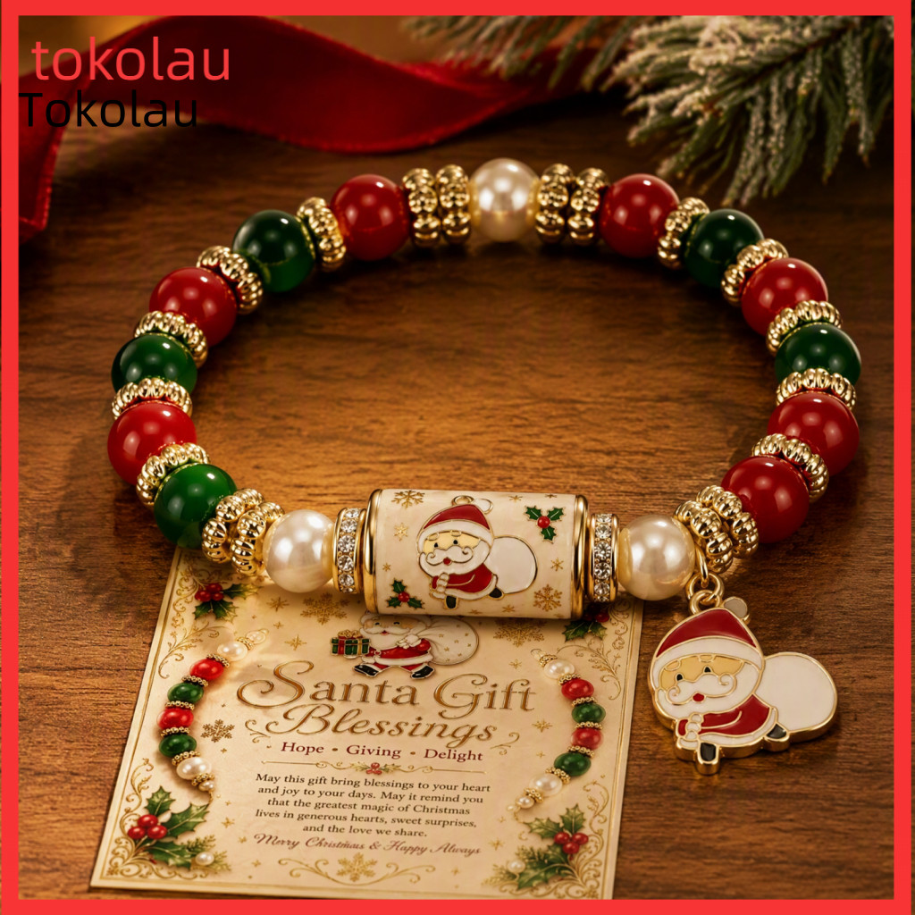 Christmas Beaded Bracelet Winter Holiday Jewelry Gift Charm Stretch for Women with Card – Festive Stocking for Southea