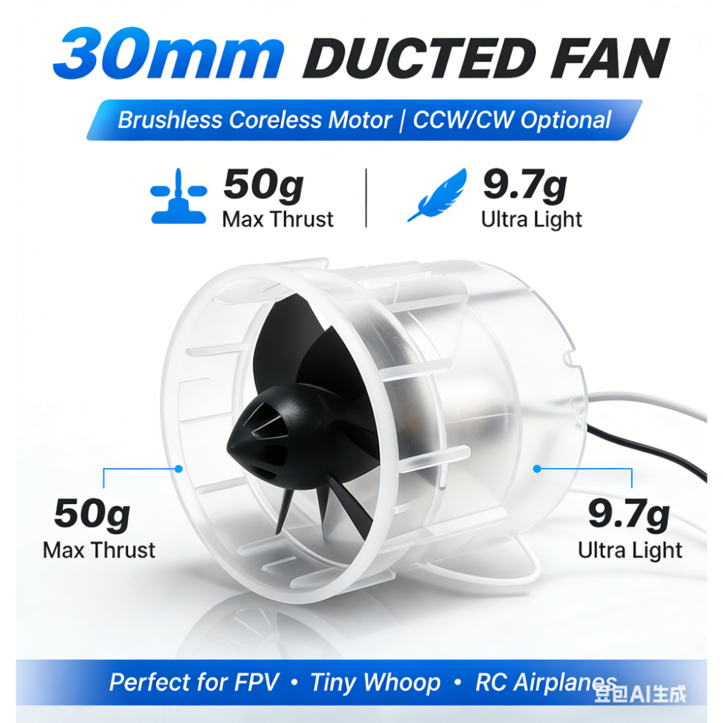 EDF 30mm micro ducted fan c/ motor coreless ~50g empuxo 9.7g p/ Tiny Whoop drone FPV – opção CW/CCW