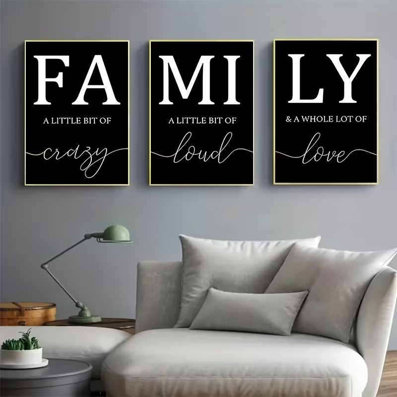 Kit 3 Quadros Frase Family Preto e Branco Decoração Sala Quarto Luxo Quadros Grandes Modernos