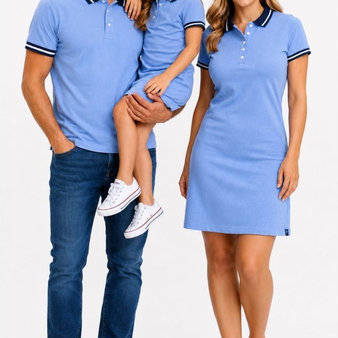 Kit Família Polos 3 peças Azul Claro