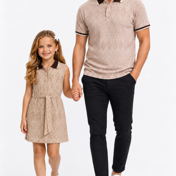 Kit pai e filha camisa e vestido polo Jacquard Canela