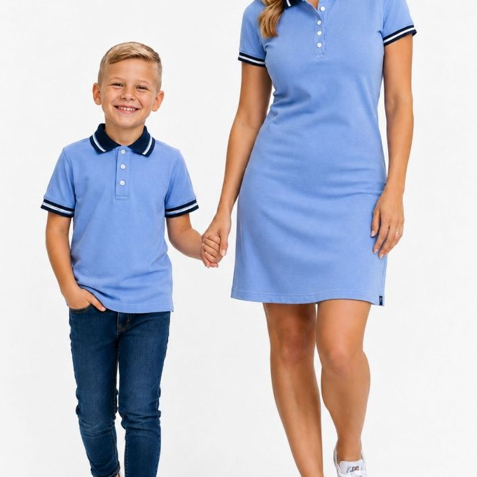 Kit mãe e filho vestido e camisa polo Azul Claro