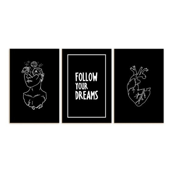 Kit 3 Quadros Decorativo Frase Minimalista - Follow Your Dreams - Sala/Quarto Decoração MDF