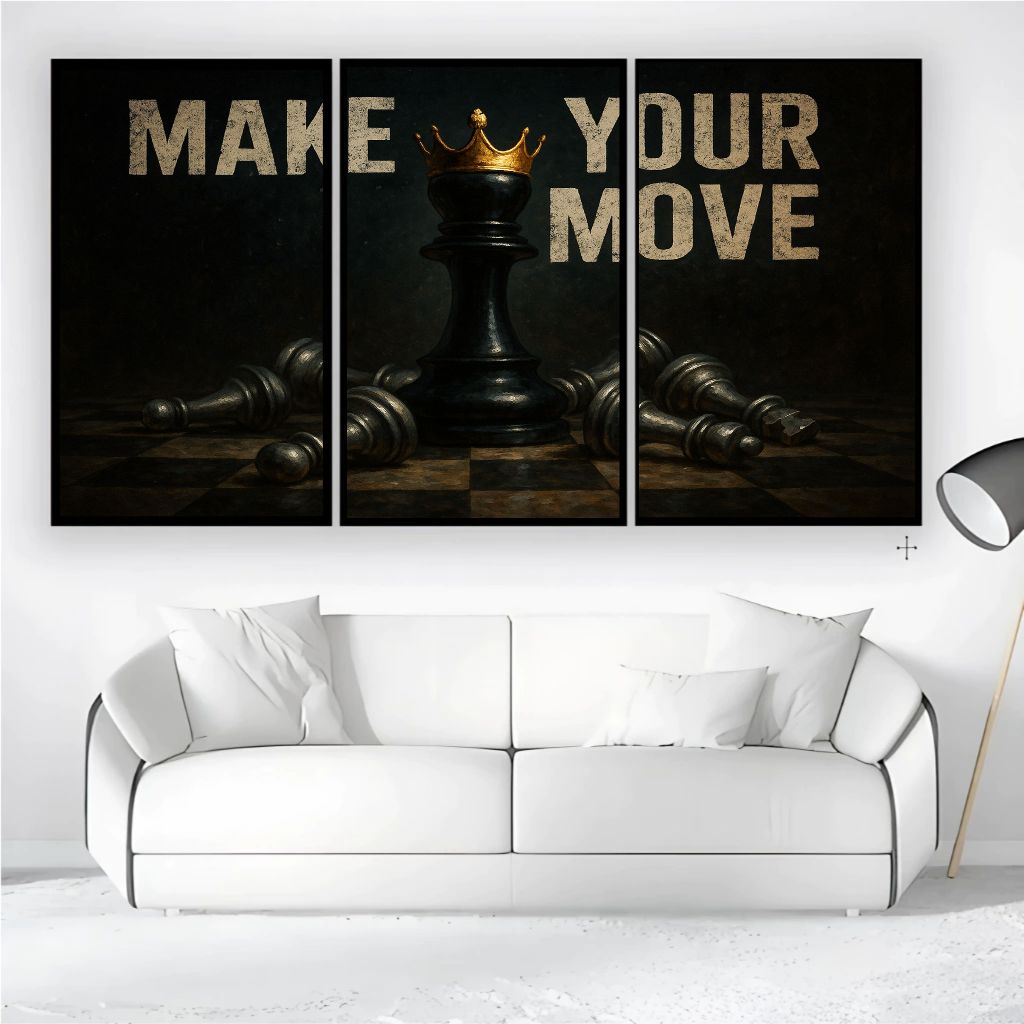 Quadro Decorativo 3 peças Make your Move Xadrez Motivacional Premium