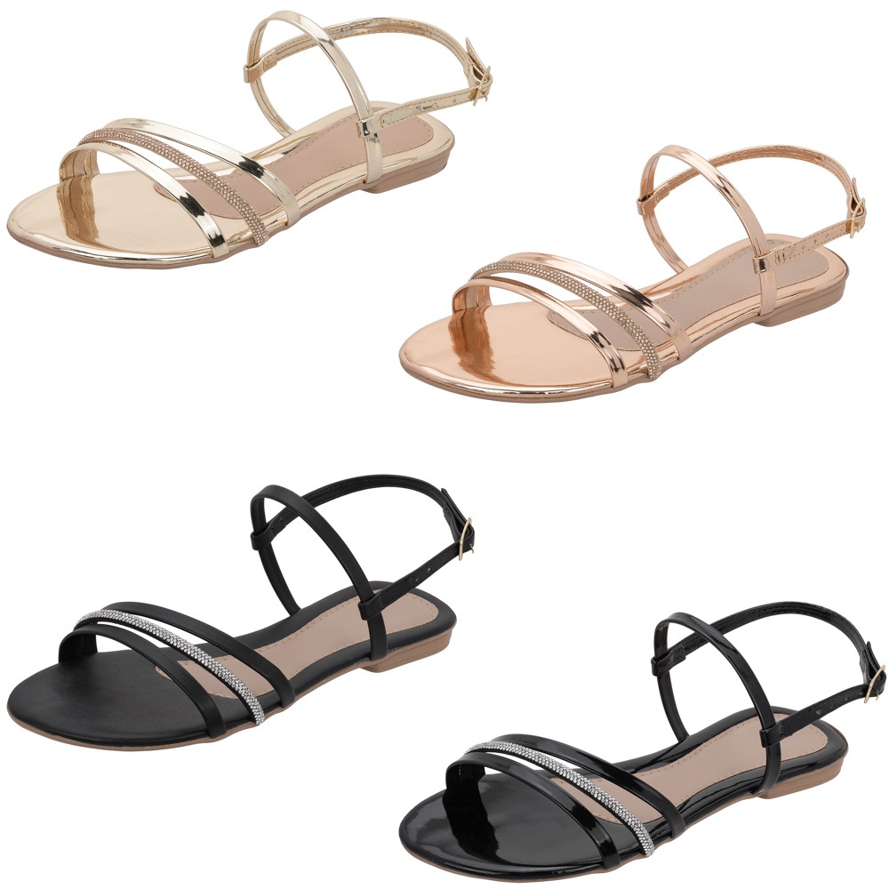 Sandália feminina nas cores Cobre metalizada, Dourado Metalizado, Verniz Preto e Preto strass 